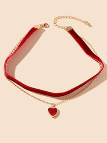 1pc Vintage Gold Chain Heart Pendant Necklace, Graduation Gift, Party Jewelry - Red - View 2