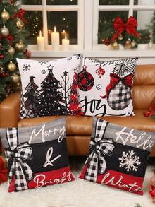 4 piezas Funda de almohada decorativa de Navidad, Funda de almohada con patrón de bola de Navidad y árbol de Navidad retro, Suministros para fiestas de Navidad, Funda de almohada de poliéster amigable con la piel, Decoración navideña para patio y jardín, Fundas de almohada para exteriores