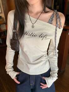 斜肩格纹系带打底衫，秋季字母印花修身长袖女式上衣，情人节、秋冬季/春季款