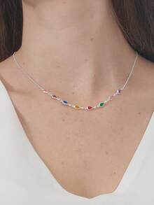 Colar Choker Feminino Gota de Prata 925 Legitima Zircônia Colorida 40cm - Prata - Visão 2