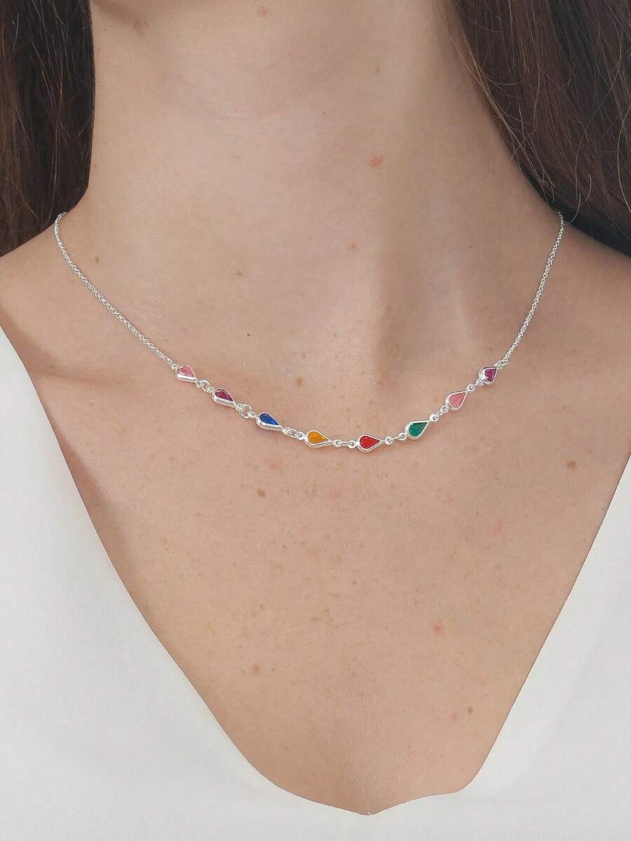 Colar Choker Feminino Gota de Prata 925 Legitima Zircônia Colorida 40cm