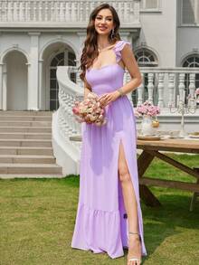Volly Toych Lilac Purple Ruffle Strap Chiffon Elegant Maxi Formal Bridesmaid Dress,Wedding Guest Dress