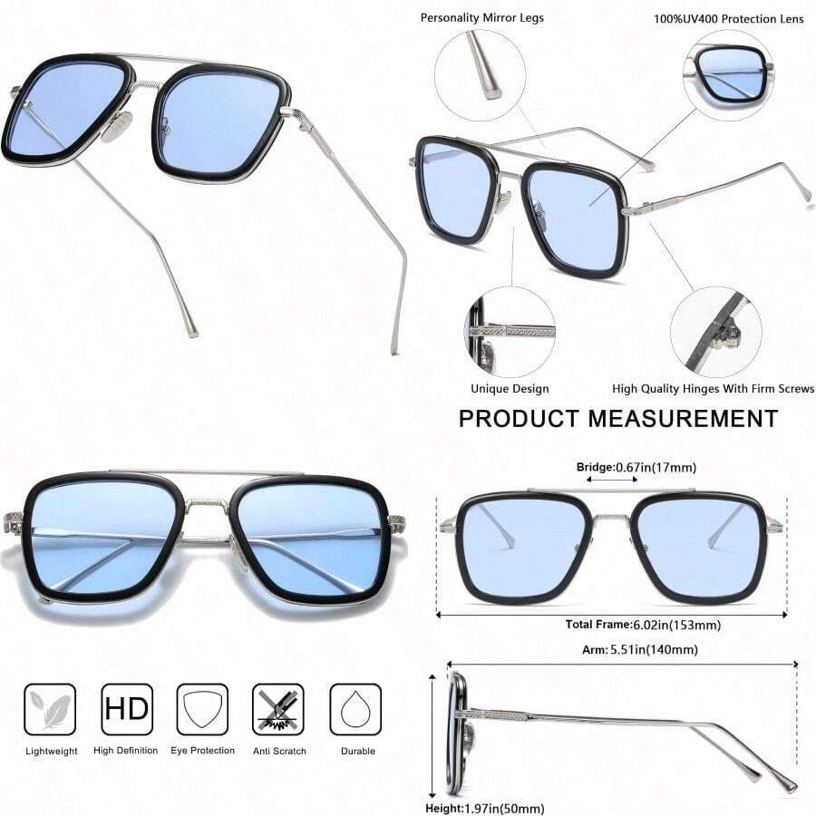 Tony Stark  Vintage Square Metal Frame For Men Women  And  Vintage Sun Glasses - GradientBlue - Xem 1