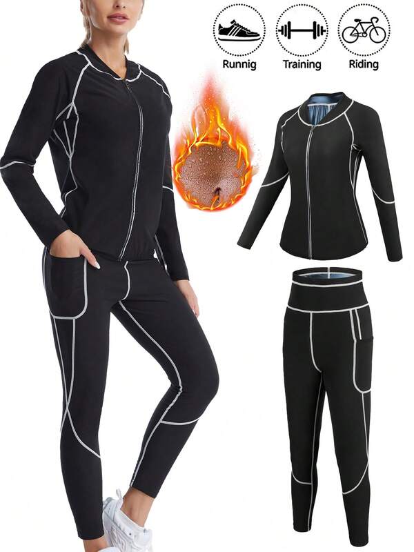 1 Set Costum de saună pentru femei, pentru alergare în aerr/în interior, care absoarbe umezeala, Top + Pantaloni, cu fermoar, Lenjerie sport modelatoare, Haine de saună pentru exerciții, Costum de saună pentru femei