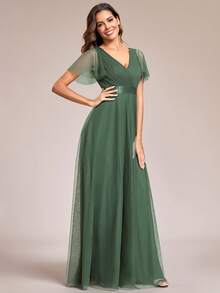EVERPRETTY Elegant V-Neck Green A-Line Maxi Bridesmaid Dress, Spring/Summer Wedding Guest Formal Gown, Suitable For Parties, Balls - Olive Green - View 5