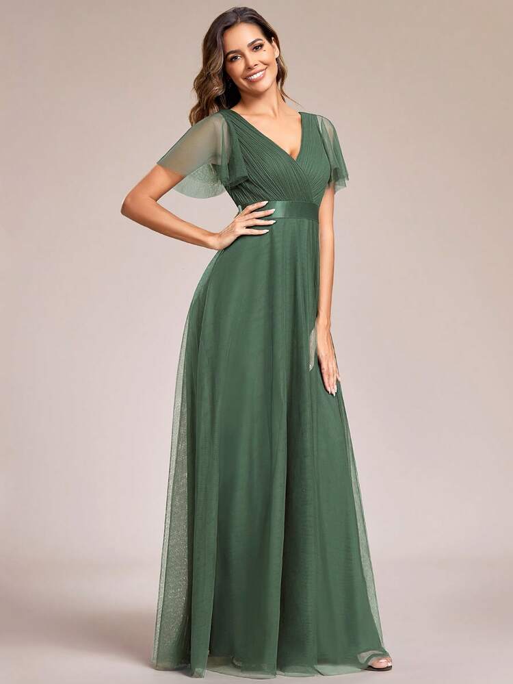 Elegante vestido de dama de honor verde en línea A con escote en V, vestido formal para invitados de boda de primavera/verano, adecuado para fiestas y bailes - Verde Oliva - Ver 4
