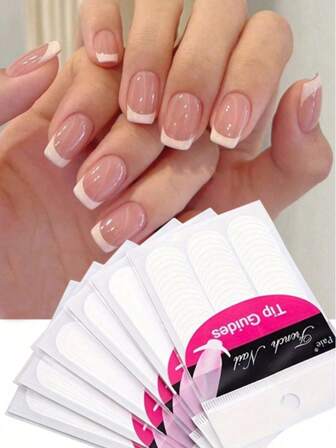 3pcs French Style Nail Art Stickers With Striped Guidelines, DIY Nail Decoration Template Tools. Easy To Use And Remove. Suitable For Professional Salon And Home Use