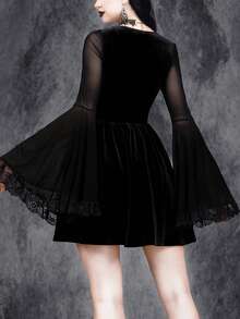 女式哥特式性感金属腰万圣节女巫袖蕾丝花边拼接天鹅绒派对连衣裙 - 黑色 - 查看 2