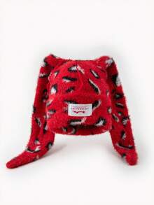 1pc Men's Fashion Leopard Print Faux Fur Lop-Eared Rabbit Letter Patch Knit Beanie Hat, Suitable For Autumn/Winter Daily Wear And Outdoor Activities - A - View 5