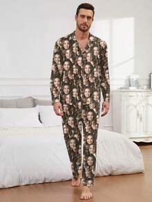 Customized Photo Men's Personalized Face Print Pajama Set, Unique Family Sleepwear, Customized Pet Face Pajamas, Mixed Face Pattern Loungewear, Holiday Pajamas, Pajama Pants, Couples Pajamas, Customized Fitted Pants, Loungewear, Valentine's Day, Anniversary Gift, Customized Family Gift, Winter - Multicolor - View 5