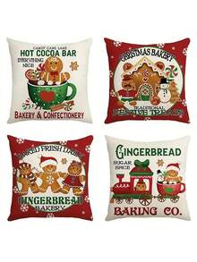 4 piezas Funda de cojín con diseño de hombrecillo de jengibre navideño, estilo lindo de poliéster suave, decoraciones festivas, funda de cojín perfecta para decoración navideña, invernal, rústica para sofá, dormitorio, sala de estar, cama, hogar, regalo de Navidad