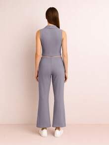 Conjunto de dos piezas de top corto  sin mangas con cuello y pantalón para mujer, tejido elástico medio - Gris - Ver 4
