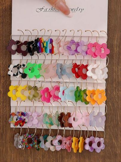 12pcs/60pcs New Hollow Five-Leaf Flower Acrylic Resin Acetate Board Material Cut Bohemian Style Hoop Earrings Set