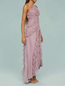 Women Ruffle Hem Pleated Sheer Mesh Long Maxi Dress Sleeveless Halter Neck Irregular Tiered Flowy Long Maxi Dresses For Wedding Guest Summer Holiday Beachwear - Bụi hồng - Xem 4