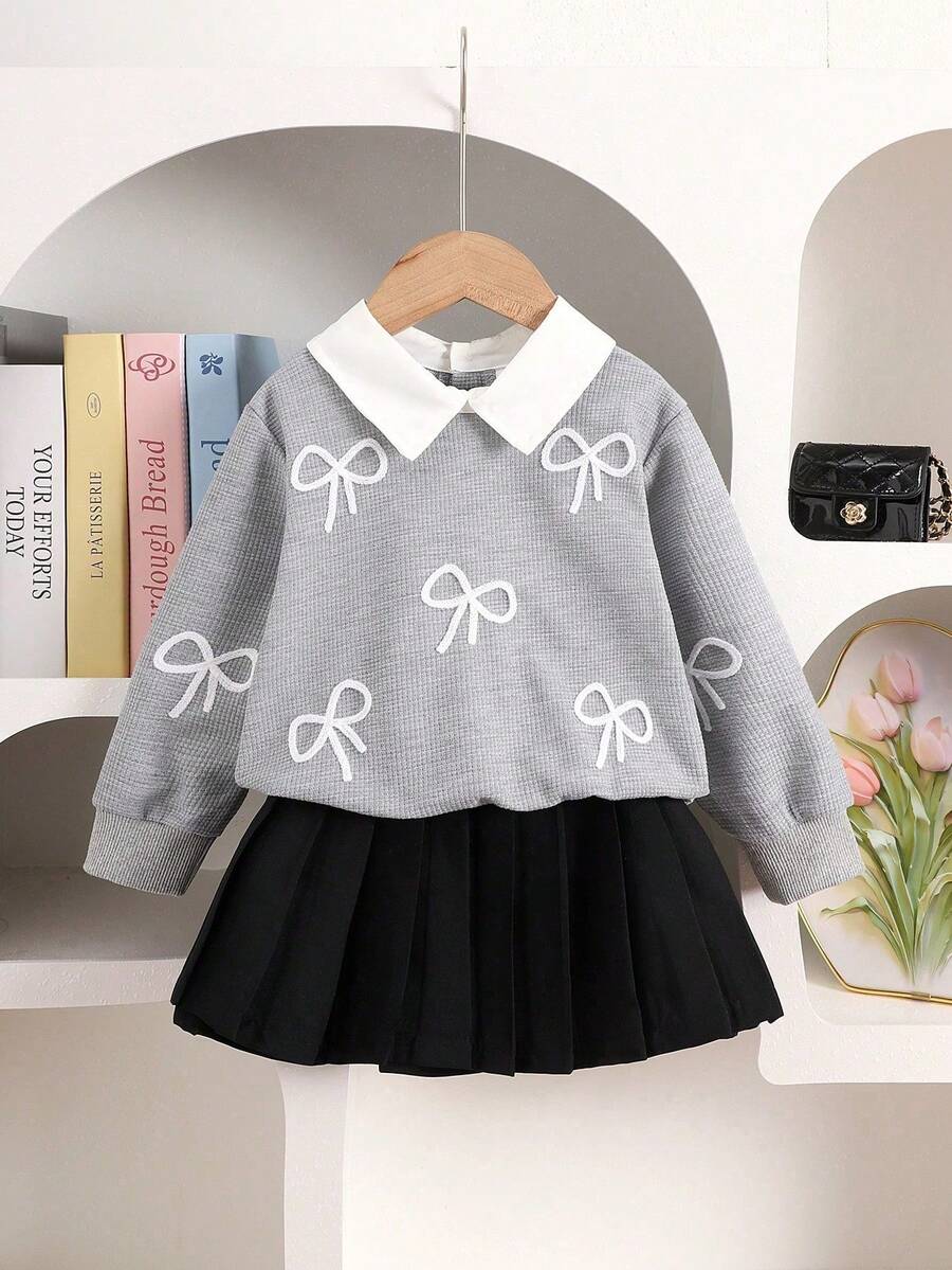 2 Girls' Casual Shirts Collar Bow Gray Long Sleeved Sweatshirt Black Pleated Skirt Versatile Set For Spring And Autumn - 灰色 - 查看 1