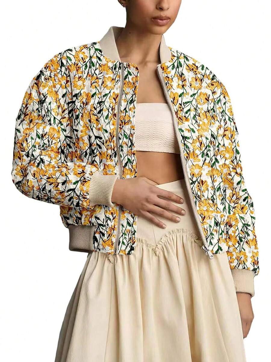 Women's Embroidered Daisy Short Work Jacket, Long-Sleeved Quilted Windbreaker Coat, Fleece-Lined Overcoat - 黃色 - 查看 1