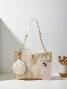 Túi đeo vai 2 trong 1 họa tiết tua rua giả da tối giản, dung tích lớn, đa năng khi đi mua sắm, công tác, đi học, quà tặng cá nhân hóa cho phụ nữ - Màu be - Xem 2