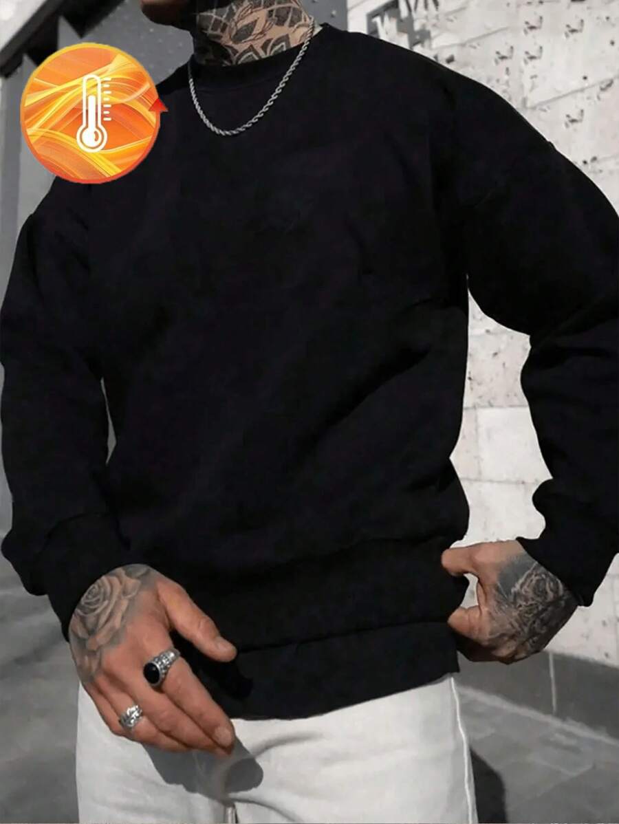 Plus Size Men's New Crew Neck Streetwear Sweatshirt, High Quality , Black Sweatshirt, , Fashionable And Versatile Black Sweatshirt, Retro Men's Sportswear, Street Wear Y2K Style, Suitable For Daily Wear, Fall, Long Sleeve Top - Black - View 1