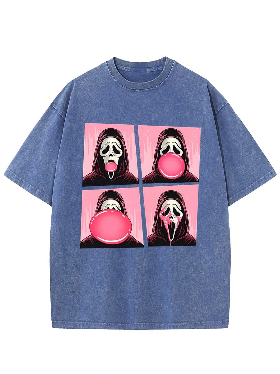 2025 New Halloween Ghost Face Short Sleeve T-Shirt, Funny Ghost Face T-Shirt, Halloween Retro Washed Cotton T-Shirt, Suitable For Men And Women's Clothing, Holiday Gifts - 寶藍色 - 查看 1