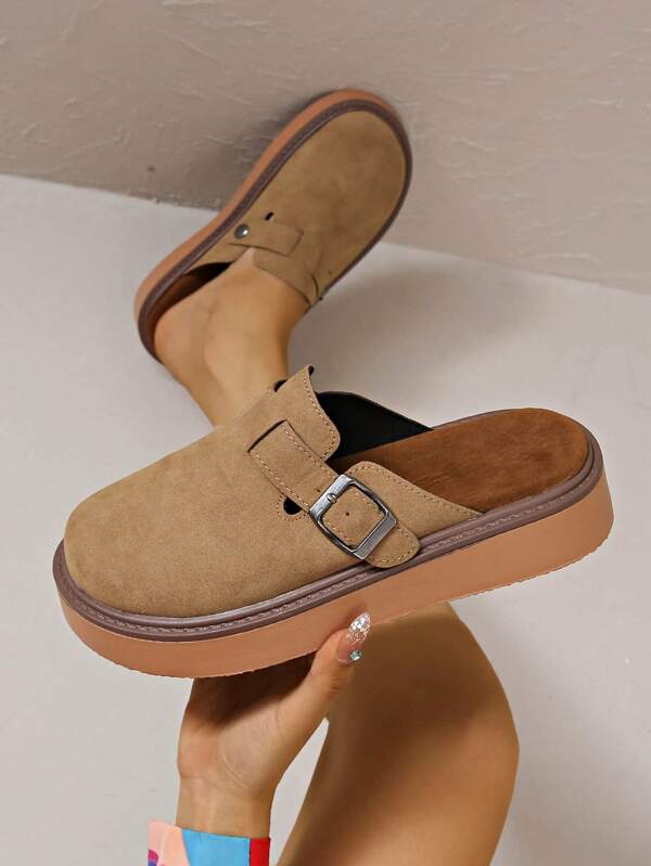 Novos sapatos femininos de bico arredondado e sola grossa, cáqui, bege, preto e marrom, cores disponíveis, primavera/verão, mules casuais e versáteis para atividades ao ar livre