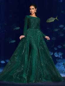 Faeriesty فستان سهرة أنيق طويل الأكمام مطرز بالترتر بتصميم ذيل الحورية للنساء - تطريز مرصع بالخرز، تصميم مناسب للجسم بشكل قبضة، تطريز كريستالي كامل للحفلات الرسمية، حفلات السجادة الحمراء، حفلات المساء، واحتفالات رأس السنة الجديدة - أخضر داكن - مشاهدة 7