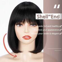 Straight Black Wig, Suitable For Sexy Short Square Ladies Wig, Straight Shoulder Length Bangs Wig With Hair Cap - màu đen - Xem 5