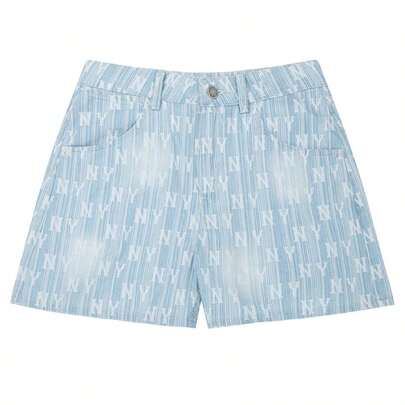 MLB Women's Classic Monogram Sprayed Denim Shorts, S, Comfortable Casual Daily Sportswear Bottoms