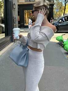 Women's Off-Shoulder Sweater, Solid Color Ribbed Pullover Dress Two Pieces Set, Casual Wear For Autumn/Winter