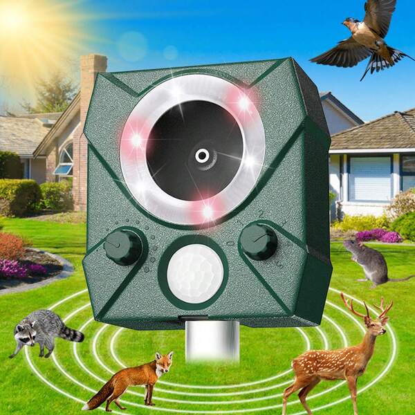 Multi-Speed Adjustable Solar-Powered Animal Repellent Device. Infrared Sensor Adjustable Dog Repelling Device. Ultrasonic Flashing Light Rodent Repellent Device. Suitable For Gardens And Courtyards.