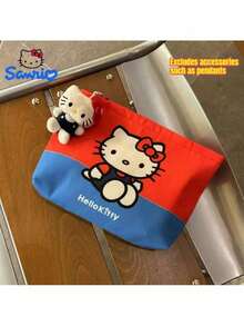 Sanrio 1 件 Hello Kitty 可爱卡通红蓝撞色猫手提包口红化妆盥洗用品收纳包学校文具生日礼物，适合圣诞节礼物、节日礼物、节日礼物指南