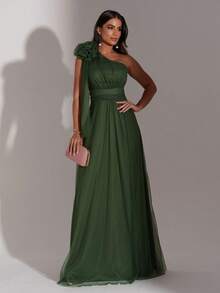 LONG WEDDING PARTY DRESS FOR GODMOTHER IN TULLE WITH FLOWER ON THE SHOULDER - OLIVE GREEN - View 1