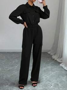 Set conjunto 2 piezas tejido ligero chamarra cierre botones cuello solapa pico manga larga puño dos solapas decorativas pretina cintura estilo bomber pantalón largo tipo jogger con elástico extremo dos solapas laterales cómodo fresco eleganate día noche fiesta evento jardín primavera verano día noche fiesta evento calle diario - Negro - Ver 3