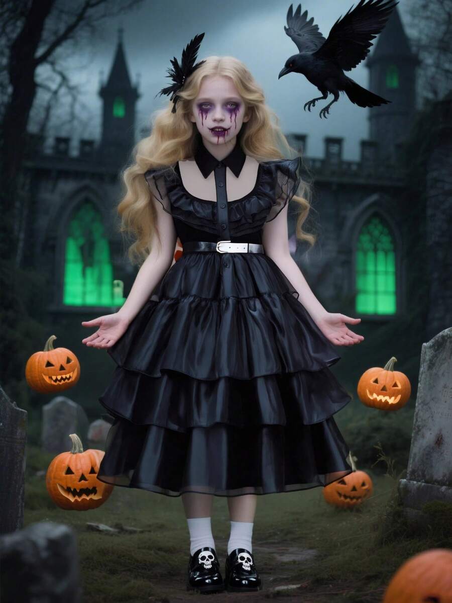 Black Elegant Vintage Young Girls Halloween Mesh Ruffle Hem Dress, Durable Fabric, Suitable For Halloween Costume, Stage Performance, Role Play, Cosplay, Halloween Dress - Black - View 1