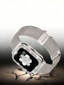 2pcs Compatible With Apple Watch Bands And Watch Protective Case Set, Starlight Color Stainless Steel Metal Apple Watch Band And Starlight Color Embedded Jewelry Shiny Rhinestone Starlight Color Bezel Apple Watch Protective Case, Suitable For Watch Ultra 3/2/1, S10/S9/SE, 8/7/6/5/4/3/2/1 Series, Youthful, Fashionable, Cute, Elegant, Luxury Women's Adjustable Waterproof Breathable Metal Mesh Apple Watch Band, Crystal Rhinestone Shockproof Shiny Apple Watch Protective Case, Stainless Steel Mesh Band Set, 38mm 40mm 41mm 42mm 44mm 45mm 46mm 49mm