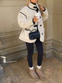 Plus Size Fashionable Turtleneck Teddy Bear Coat, With Contrast Trim And Pockets, Raglan Sleeves, Woven Fabric, Regular Length, Christmas