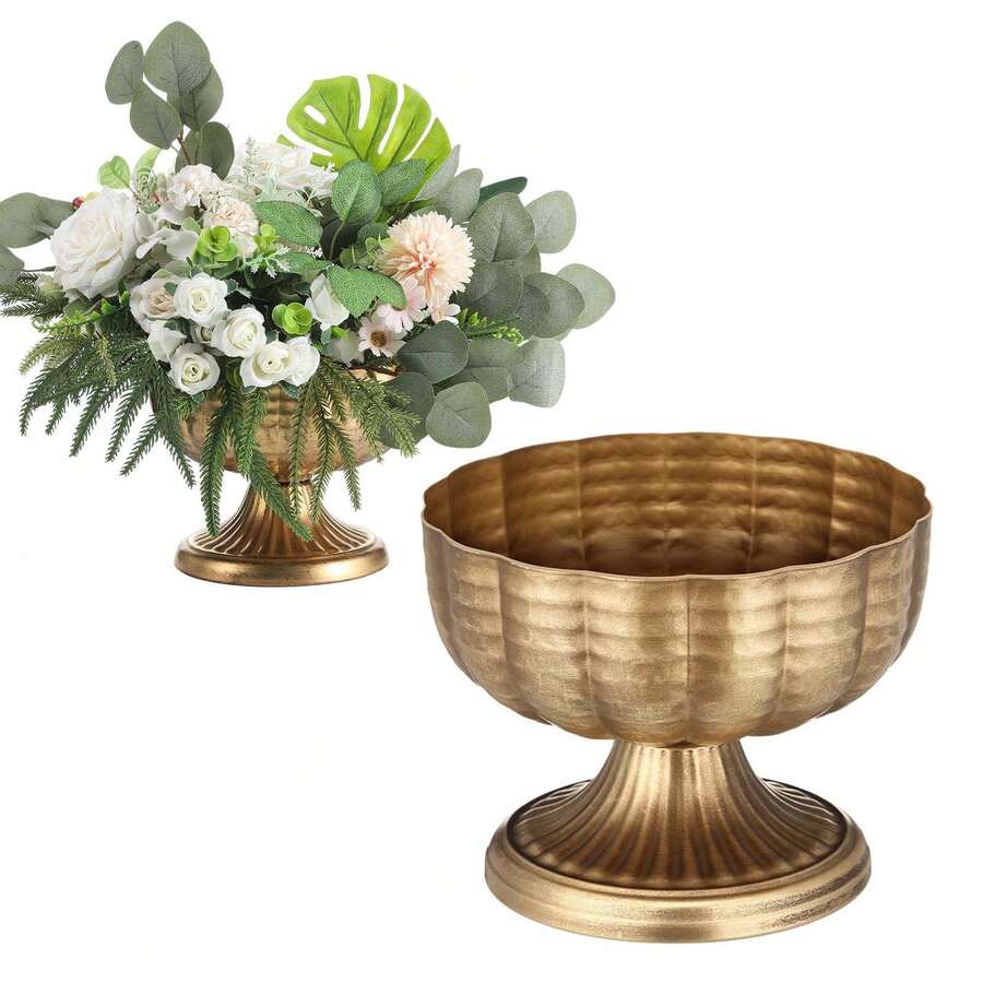 Distressed Gold Compote Vase For Centerpieces Compote Bowl 8'' Wide Vintage Decorative Antique Urn Planter Vase For Wedding Event Anniversary Party Indoor Outdoor Activity - 銅色 - 查看 1