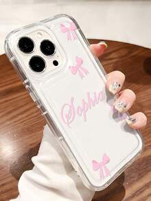 1pc Customized Name & Bowknot Color Pattern Phone Case, Fashionable Custom Design Reflective Thick Anti-Drop Phone Case Compatible With IPhone 11 12 13 14 15 16 Pro Max,International Version, Not The Domestic Version - Clear - View 2