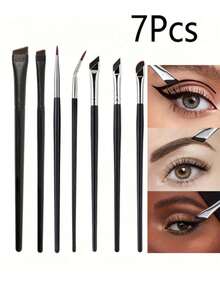 7pcs Precision Eye Makeup Brush Set, Including Eye Shadow Brush, Eye Blending Brush, Eyeliner Brush, Angled Eyebrow Brush, Fine Line Brush - Black - View 1