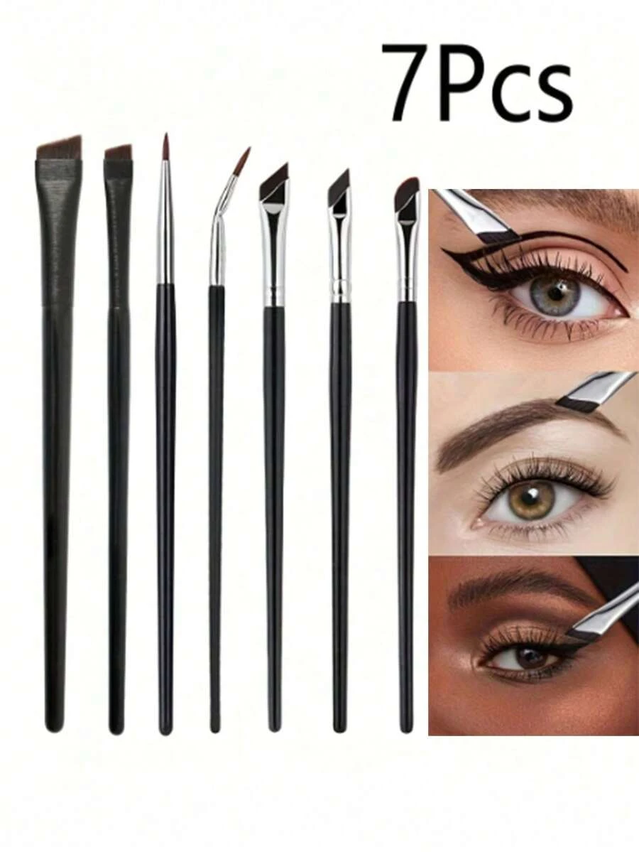 7pcs Precision Eye Makeup Brush Set, Including Eye Shadow Brush, Eye Blending Brush, Eyeliner Brush, Angled Eyebrow Brush, Fine Line Brush - Black - View 1
