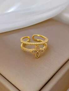 1 pieza Anillo de flor de trébol de cuatro hojas ajustable de doble capa, joyería de moda para mujeres