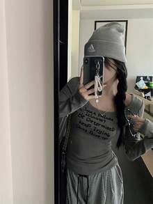 女士休闲修身长袖T恤，舒适别致，秋冬 - 灰色 - 查看 5