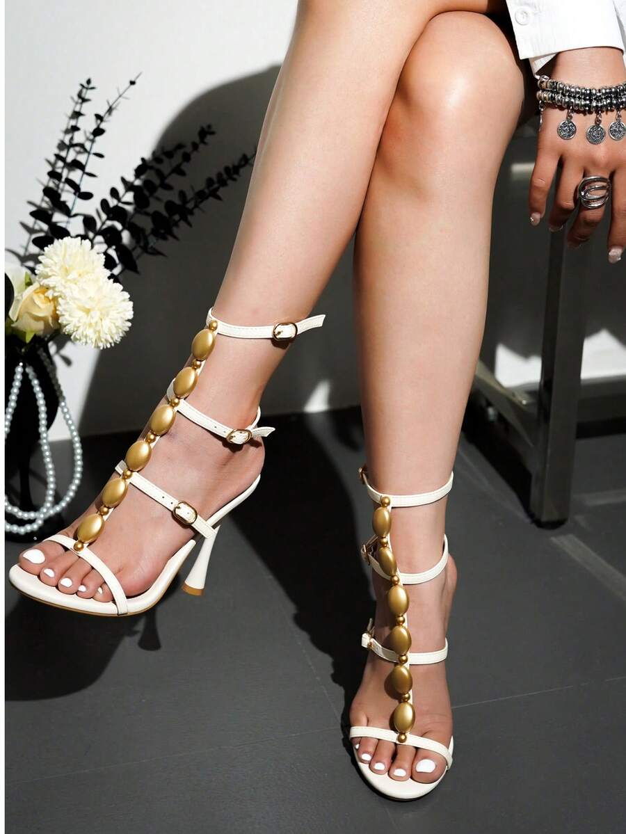 Brana Strappy High Heel Sandals With Gold Bead Detailing – Elegant Gladiator Stilettos For Parties & Nights Out - trắng - Xem 1
