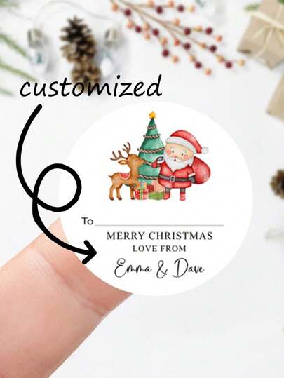 Personalisierte Weihnachts-Aufkleber-Geschenkanhänger - Größen: 40x40/50x50/70x70mm - mit Motiven von Weihnachtsmann, Rentier, Weihnachtsbaum - runde Namens-Geschenkanhänger - festliche Weihnachts-Tags
