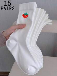 1/3/5/10/15/20 Đôi Tất nữ trơn màu dễ thương họa tiết quả dâu tây miệng rộng thoải mái kiểu dáng đơn giản sau sinh, tất dài đến bắp chân thấm hút mồ hôi - trắng - Xem 22