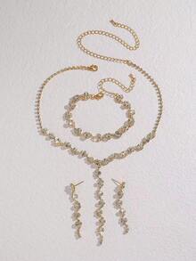 3pcs/Set European & American Style Tassel Necklace, Earrings, Bracelet Jewelry Set, Bridal Wedding Dress Accessories