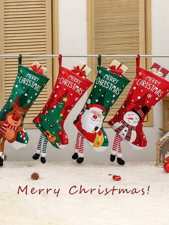 4-Piece Charming Christmas Stockings With Santa Claus, Snowman And Reindeer Patterns - Long-Legged Holiday Decorations, Suitable For Trees, Perfect For Home And Party Decoration Home Decor Christmas Decorations Room Decor