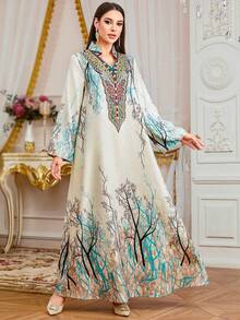 女士长袍，优雅浪漫花卉刺绣串珠长裙，适合度假、约会、日常休闲穿着，迪拜春季长袍 - 綠色 - 查看 4