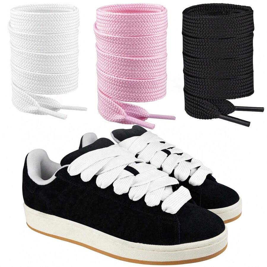 2 Pairs 0.79 Inch Wide Shoelaces - Classic Casual Style, Solid Color Design, Durable Fabric Laces Suitable For Sneakers, Casual Shoes, Classic Lace-Up Shoes, Fabric Lace-Up Shoes - Multicolor - View 1