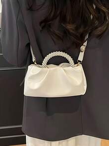 New Fashion Pearl Handbag Mini Square Bag, Shoulder & Crossbody Bag, Phone Pouch, Pearl Handbag For Wedding Party,Rookies & White-Collar Workers For Teacher Gifts/For Girl, Teen Girls For Lady For Business/Commute/Work/Office For Festivals/Vacation/Holiday For Outdoors/Outings/Travel/Hiking For Summer For Autumn And Winter For Fall Essential Fashionable Beige Canvas Retro Contrast PU Mini Handbag,Beach Bag,Holiday Essentials,Travel Bag - White - View 5