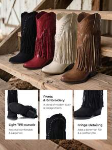 Women Cowgirl Western Boots Fringe Tassel Chunky Block Heels For Mid Calf Slip On Retro Casual Fashion Festival Ridding Shoes Beige Boots - 米色 - 查看 7
